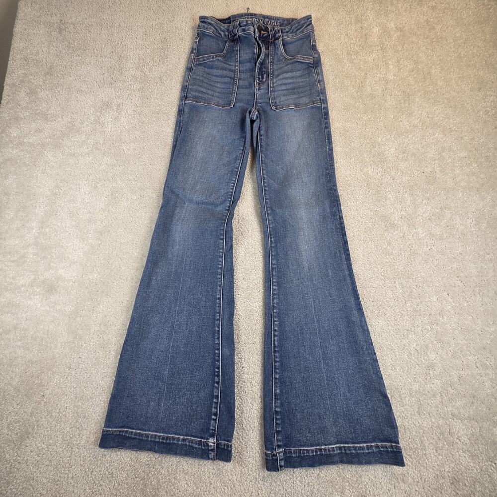 American Eagle Super Hi-Rise Flare Jeans Womens 0 Blue Patch Pocket Stretch Deni